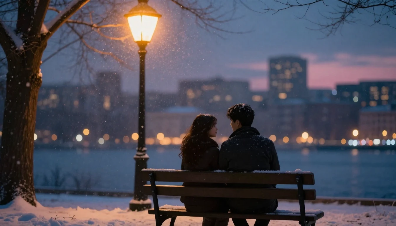 A romantic, soft composition showing two silhouettes sitting...