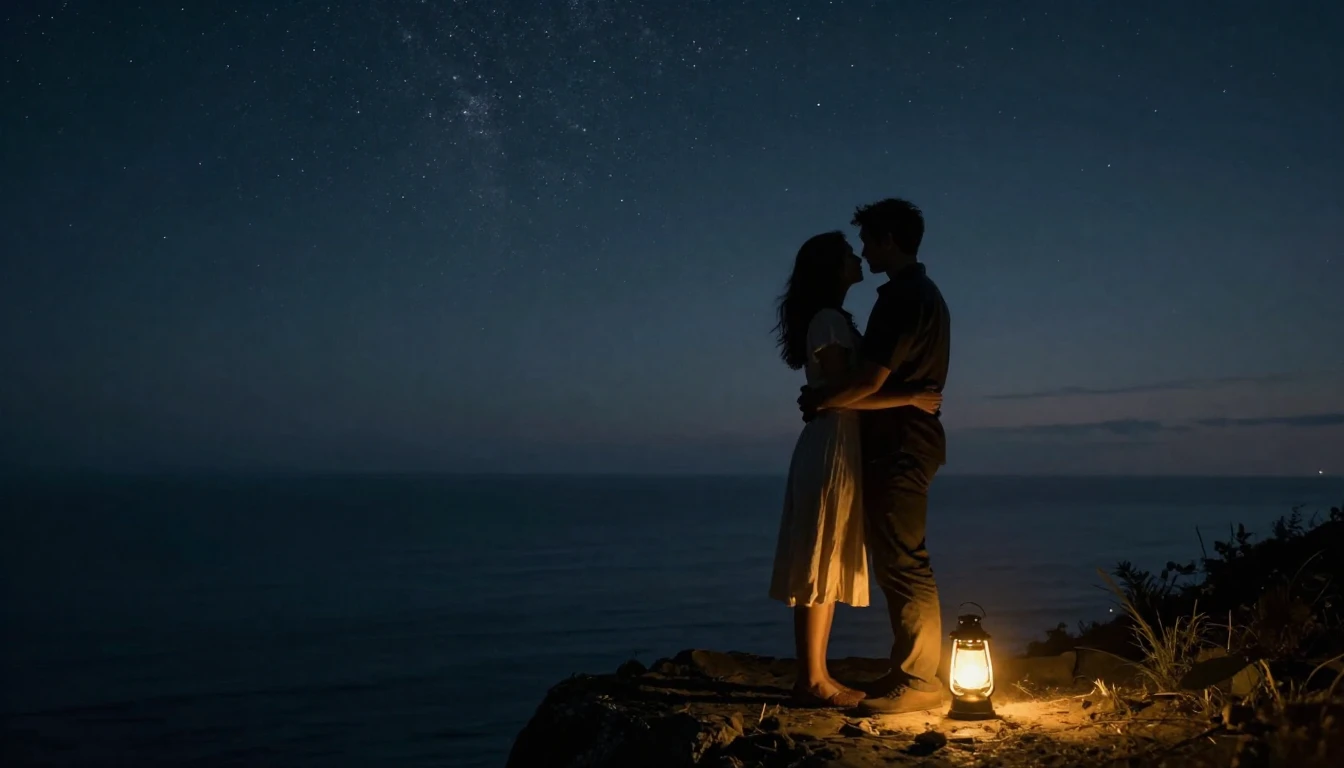 A romantic cinematic scene featuring a silhouette of a lovin...
