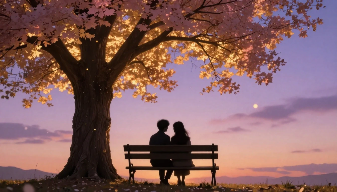 A romantic scene featuring two silhouettes sitting close tog...