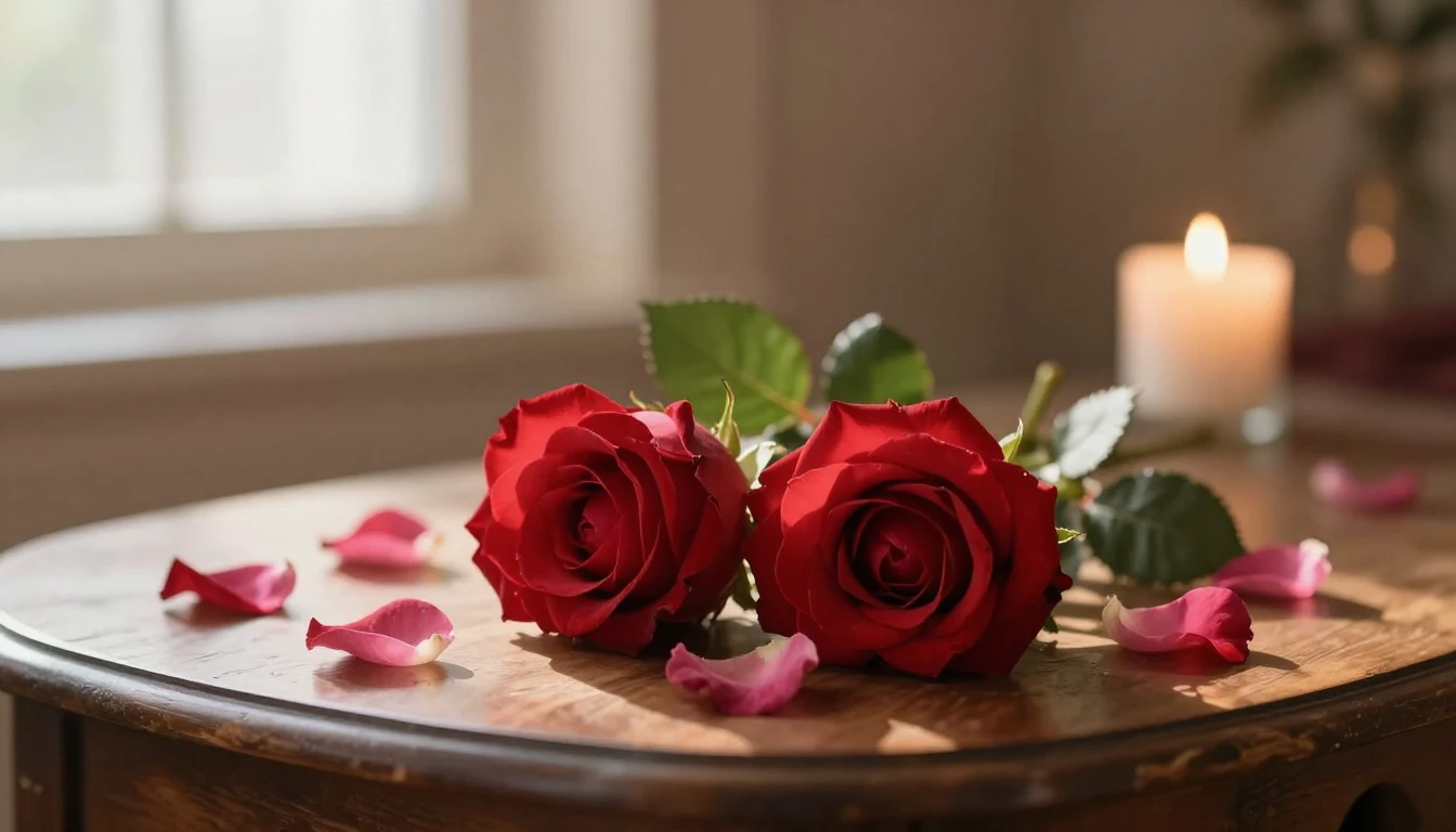 A beautiful and delicate scene featuring two intertwined red...