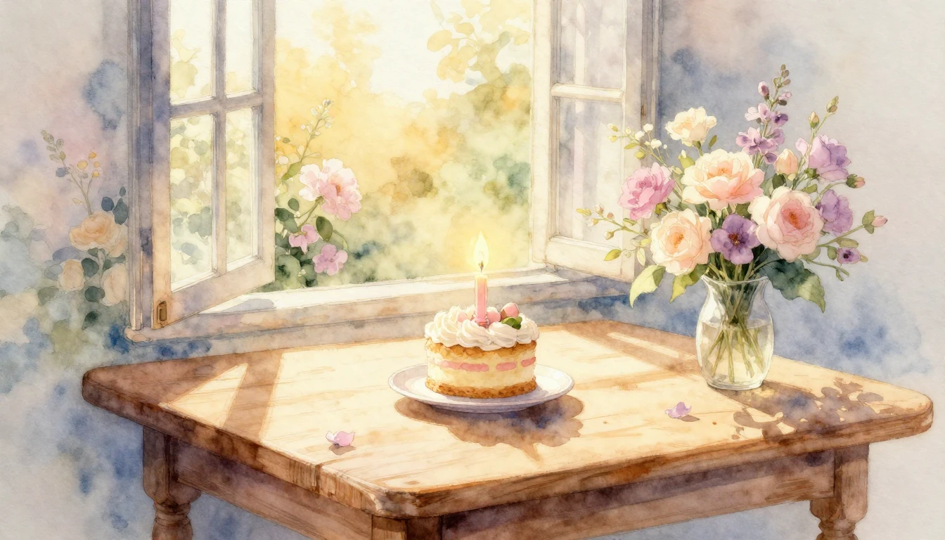 A serene watercolor painting depicting a sunlit wooden table...