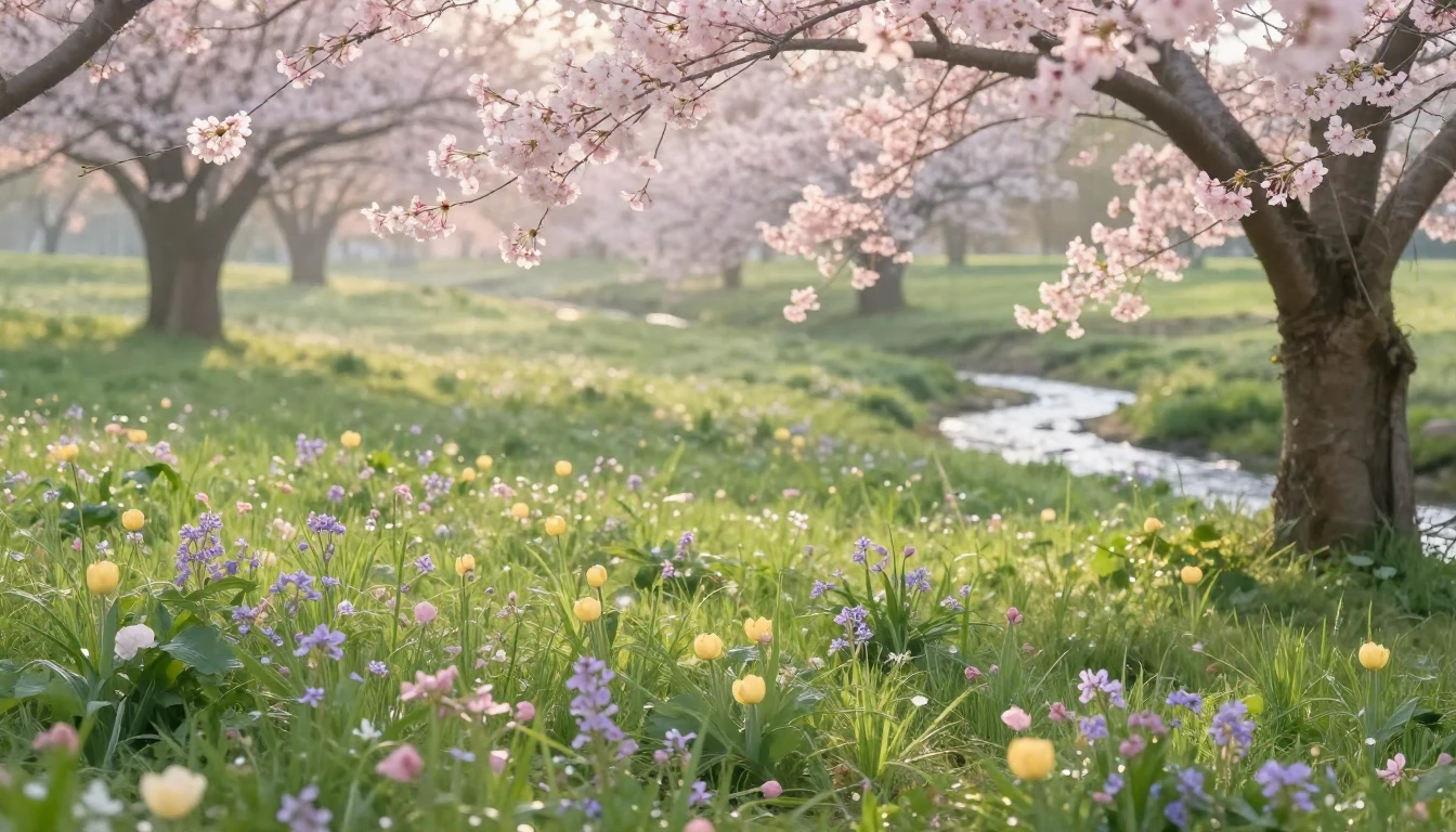 A serene landscape featuring a lush green meadow at dawn. De...