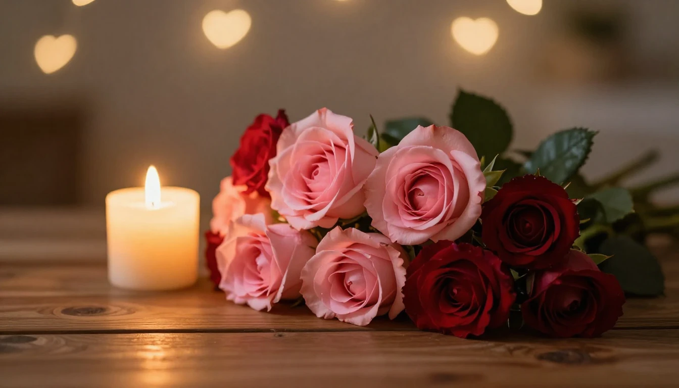 A romantic and serene scene featuring a bouquet of soft pink...