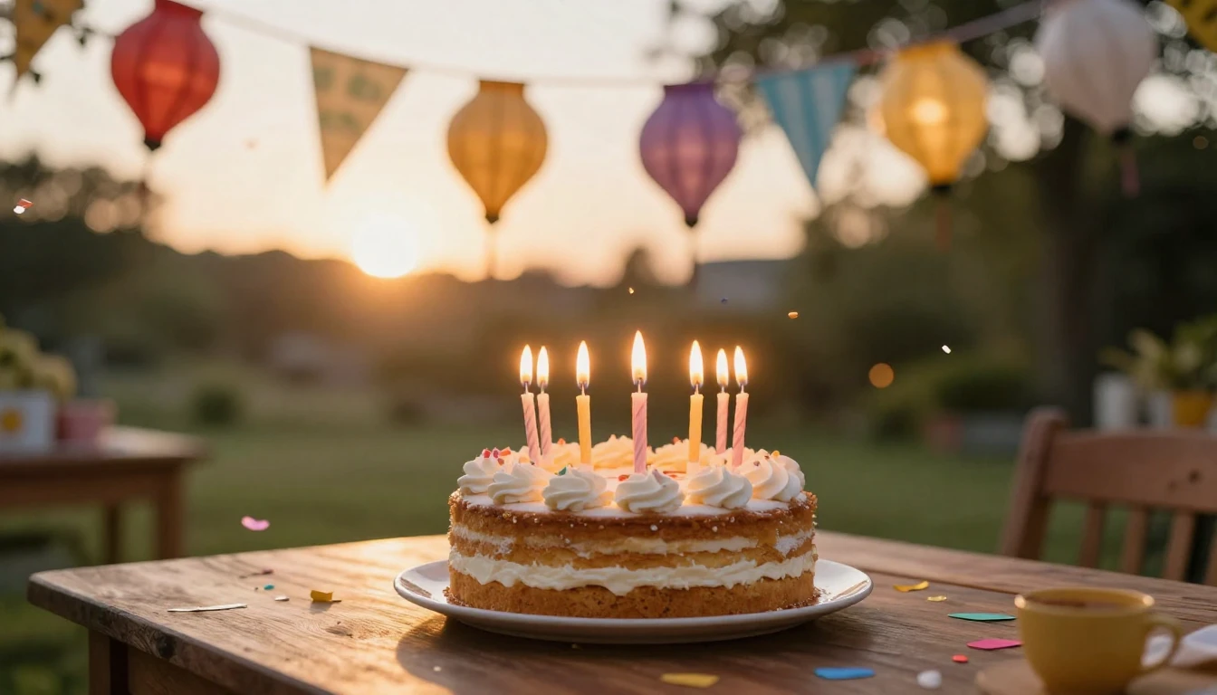 A warm and inviting birthday party scene outdoors in a garde...