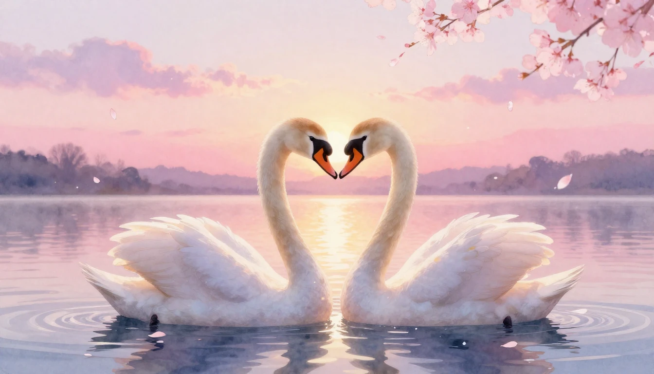A beautiful watercolor painting of two stylized swans formin...