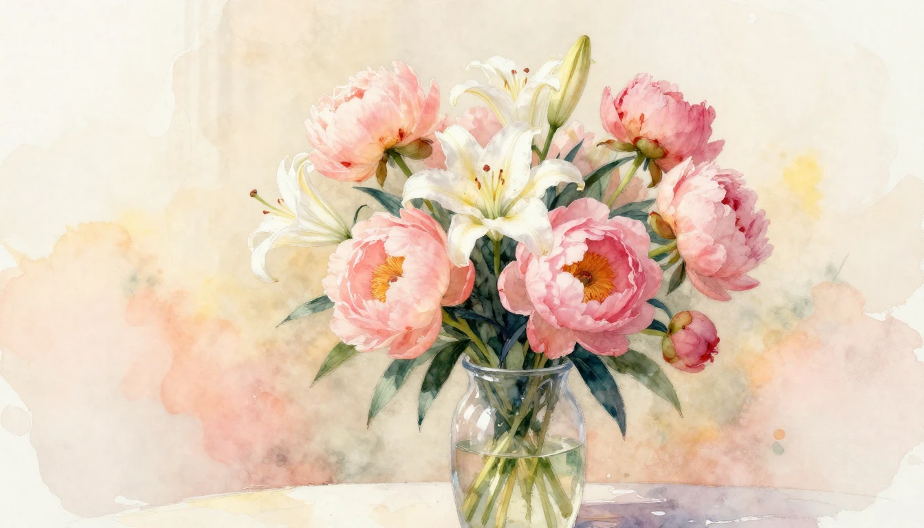 A soft watercolor painting depicting a beautiful bouquet of ...