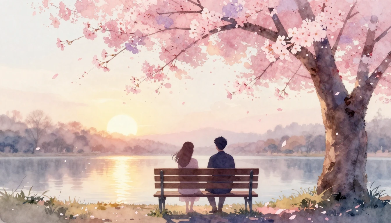 A delicate watercolor painting of two stylized silhouettes s...