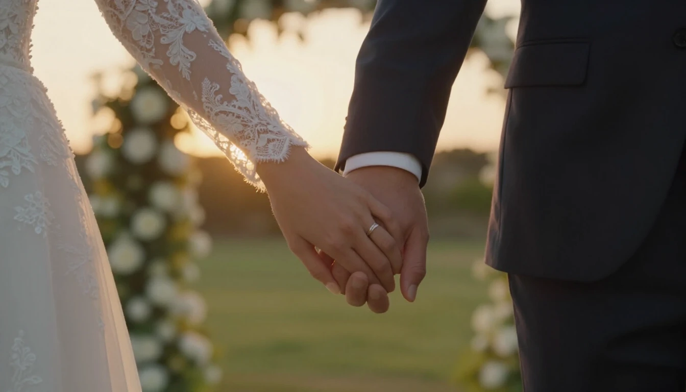 A close-up cinematic shot of a bride and groom holding hands...