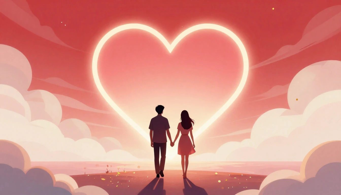 A romantic and dreamy illustration of two silhouettes holdin...