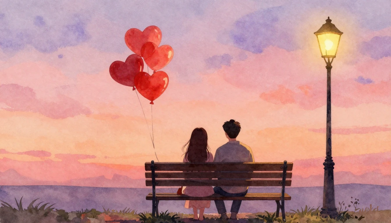 A romantic watercolor painting of a couple sitting on a park...