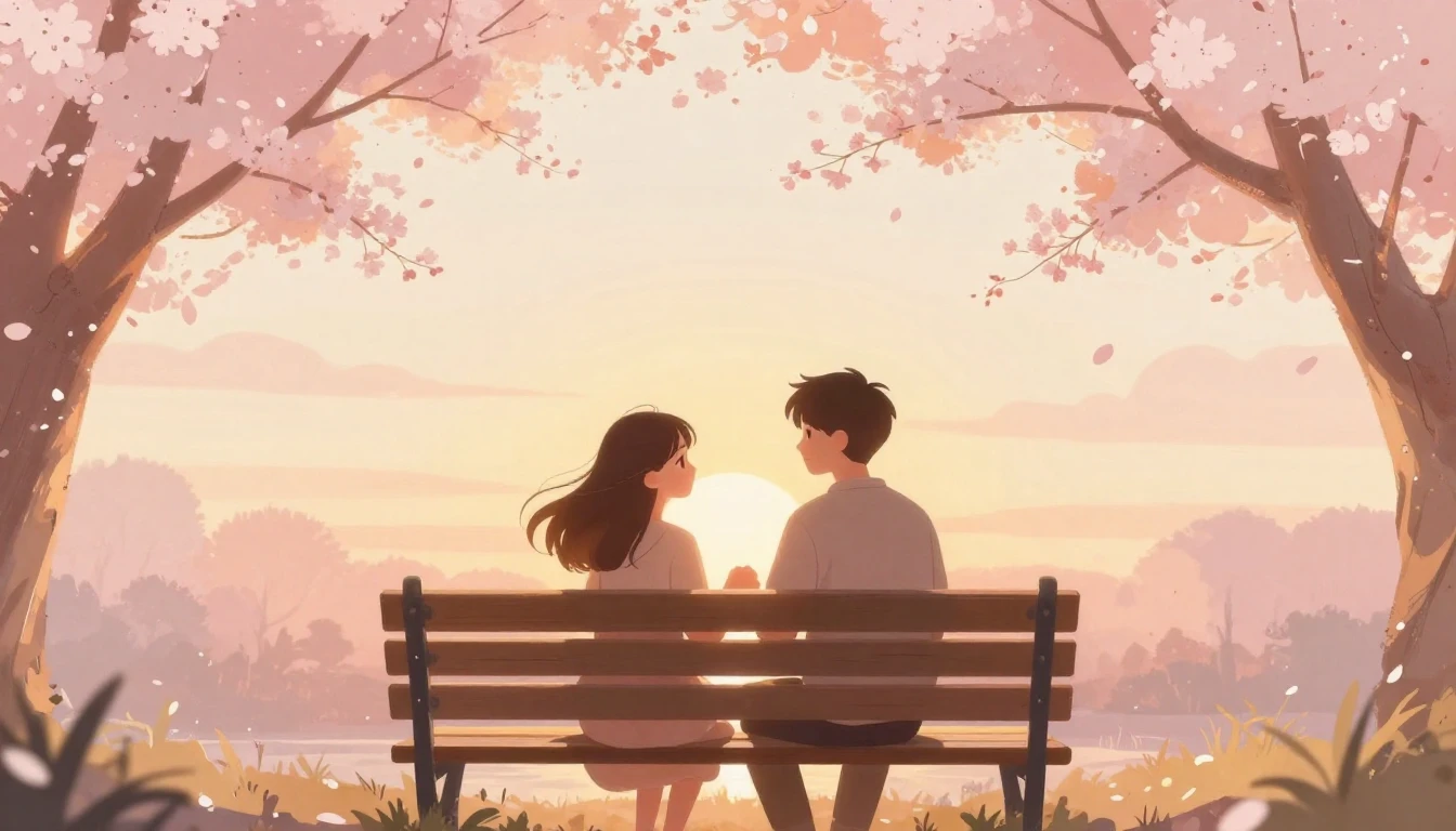 A romantic and soft illustration of a couple sitting on a wo...