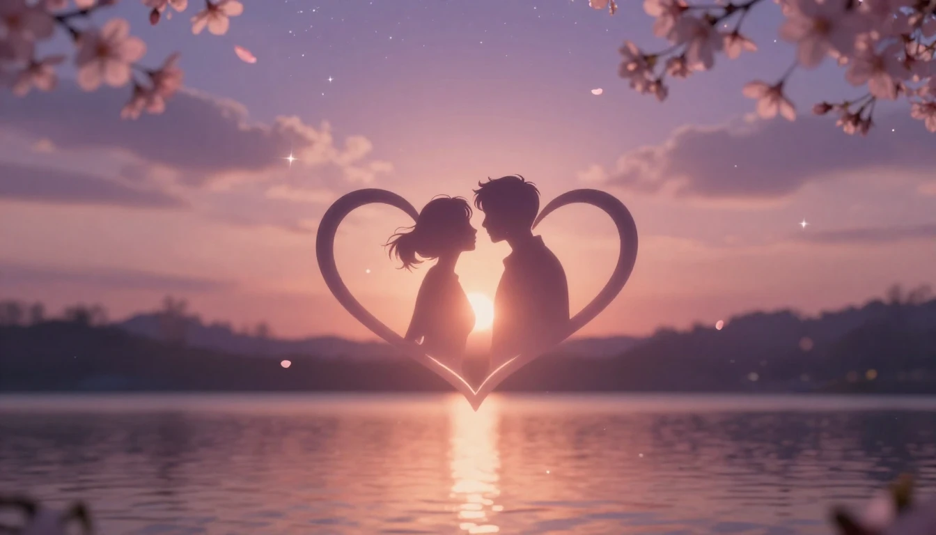 A breathtaking scene of two glowing silhouettes of hearts in...