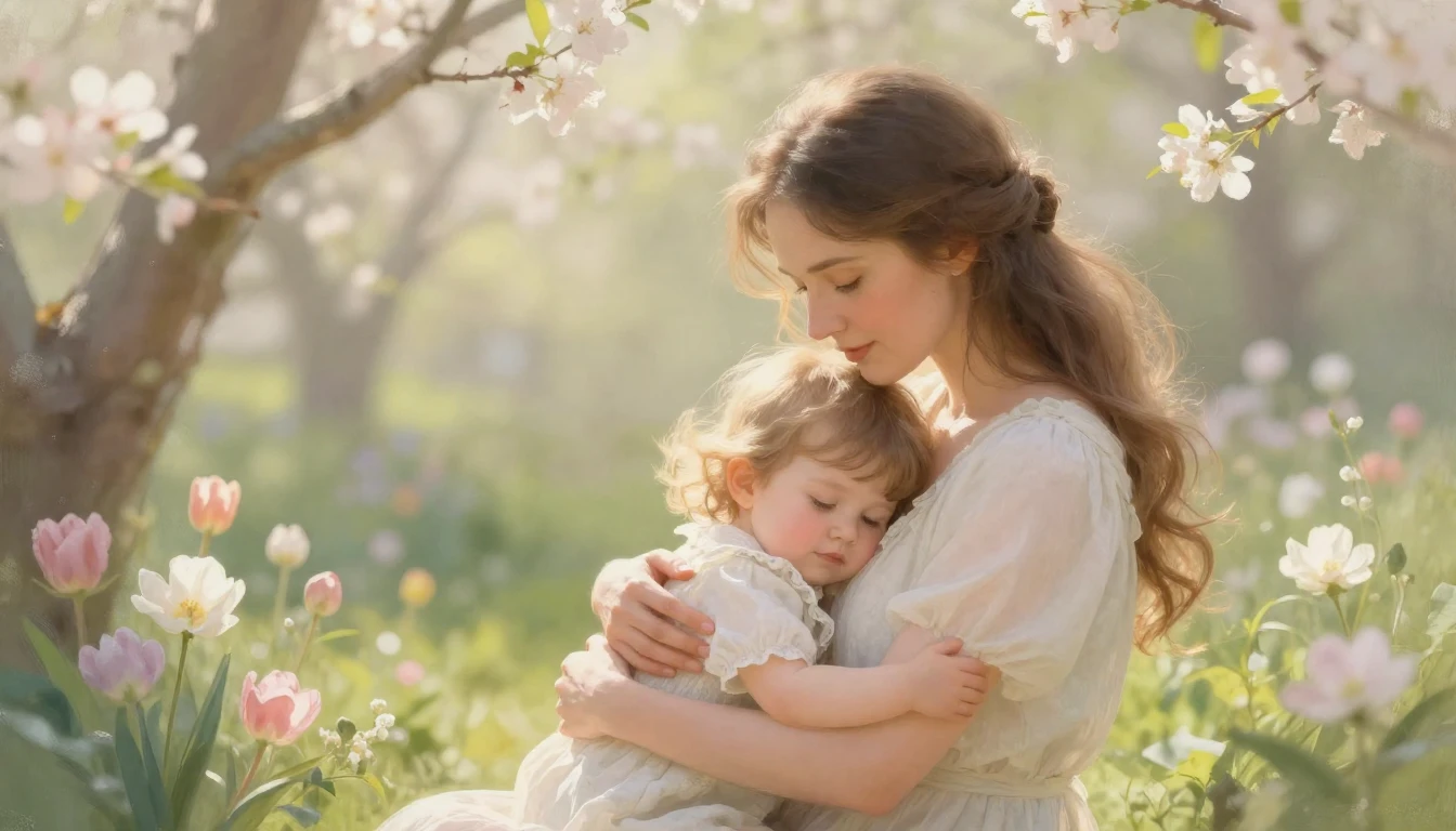 A beautiful and gentle painting of a glowing mother warmly e...