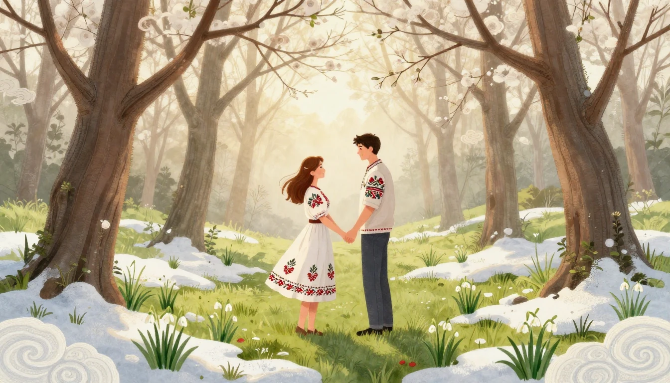 A romantic illustration of a young couple holding hands in a...