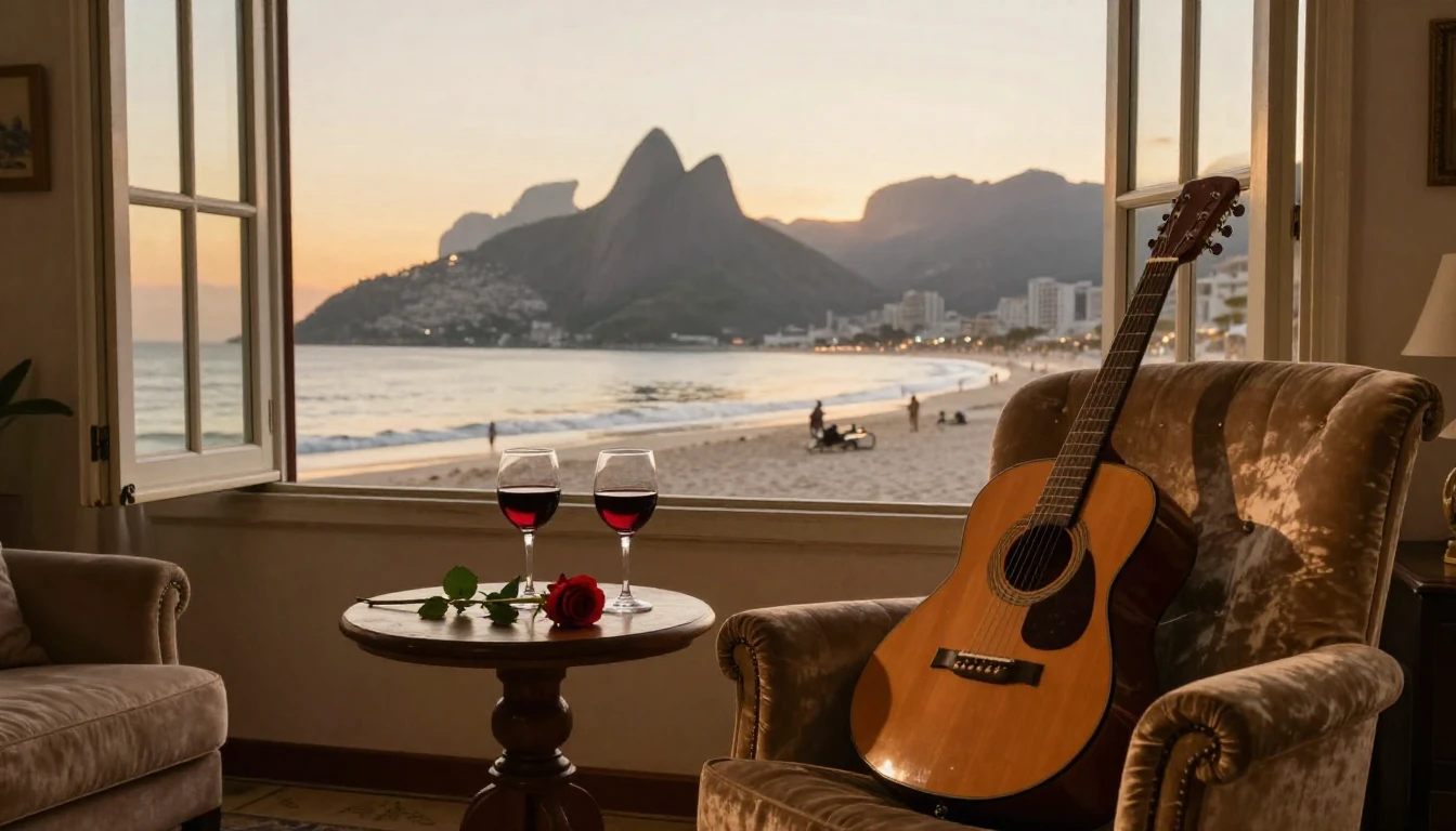 A romantic and intimate scene featuring a cozy living room w...