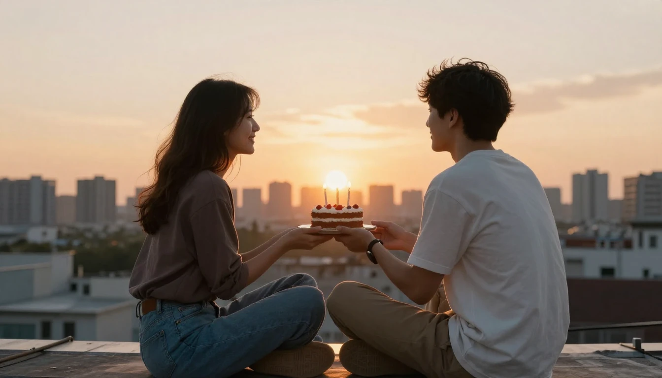 Two friends sitting on a rooftop at sunset, looking at the c...