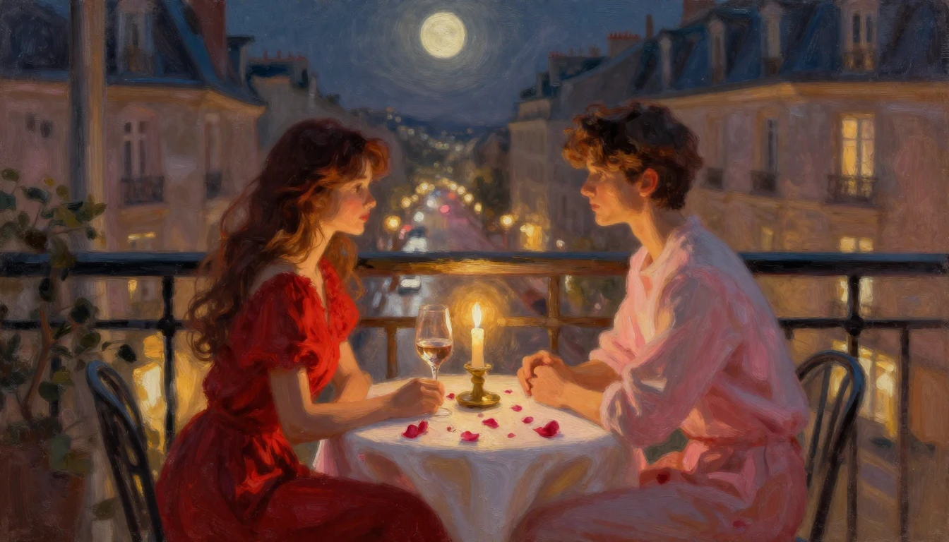 A dreamy impressionist painting of a cozy candlelit table fo...