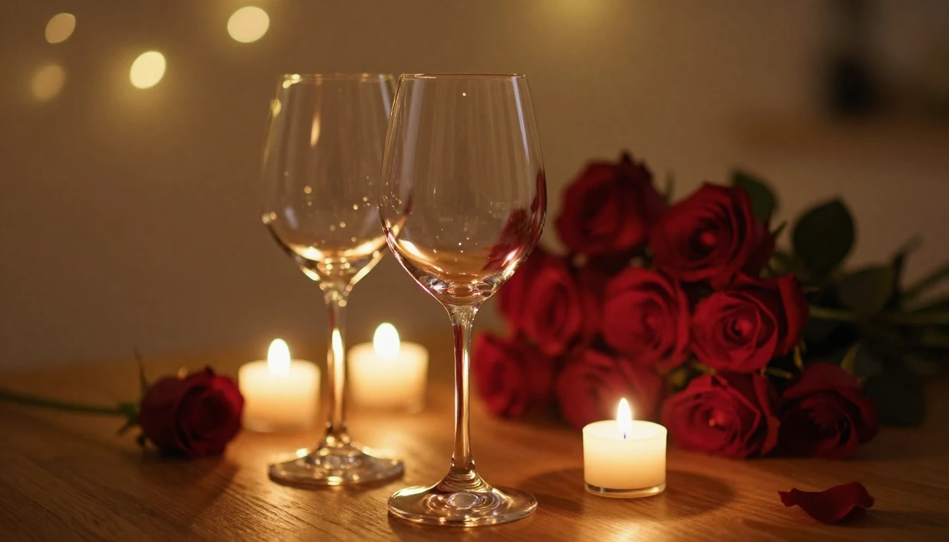 A close-up shot of two elegant wine glasses on a wooden tabl...