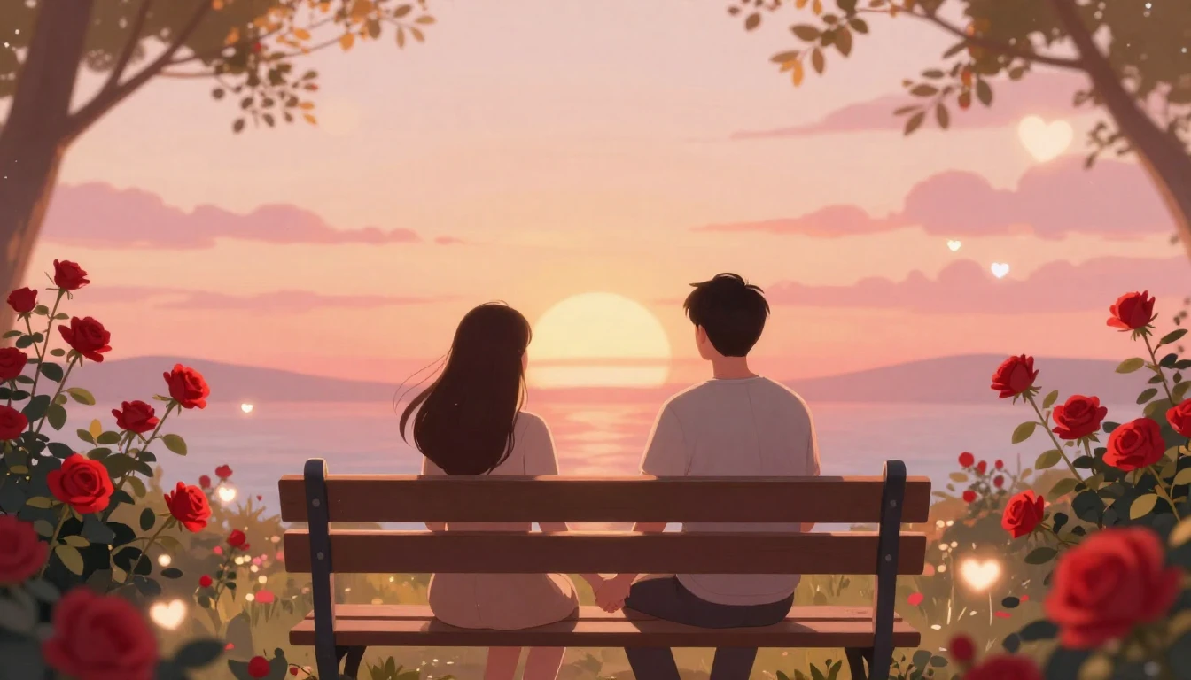 A romantic illustration of a couple sitting on a park bench ...
