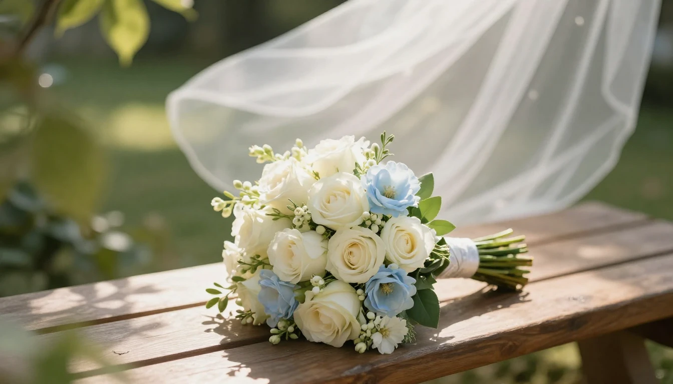A beautiful wedding bouquet of white roses and pale blue flo...
