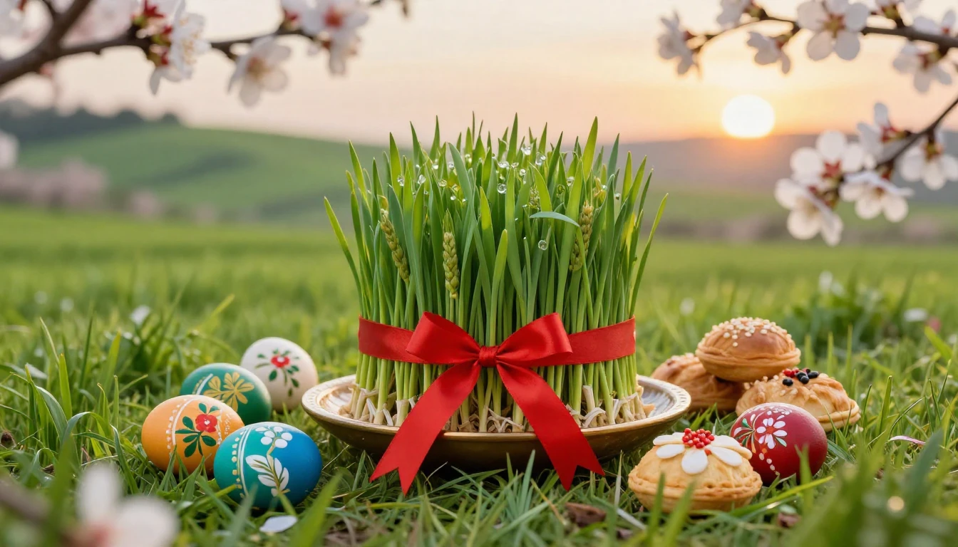 A lush green landscape celebrating the arrival of spring. In...