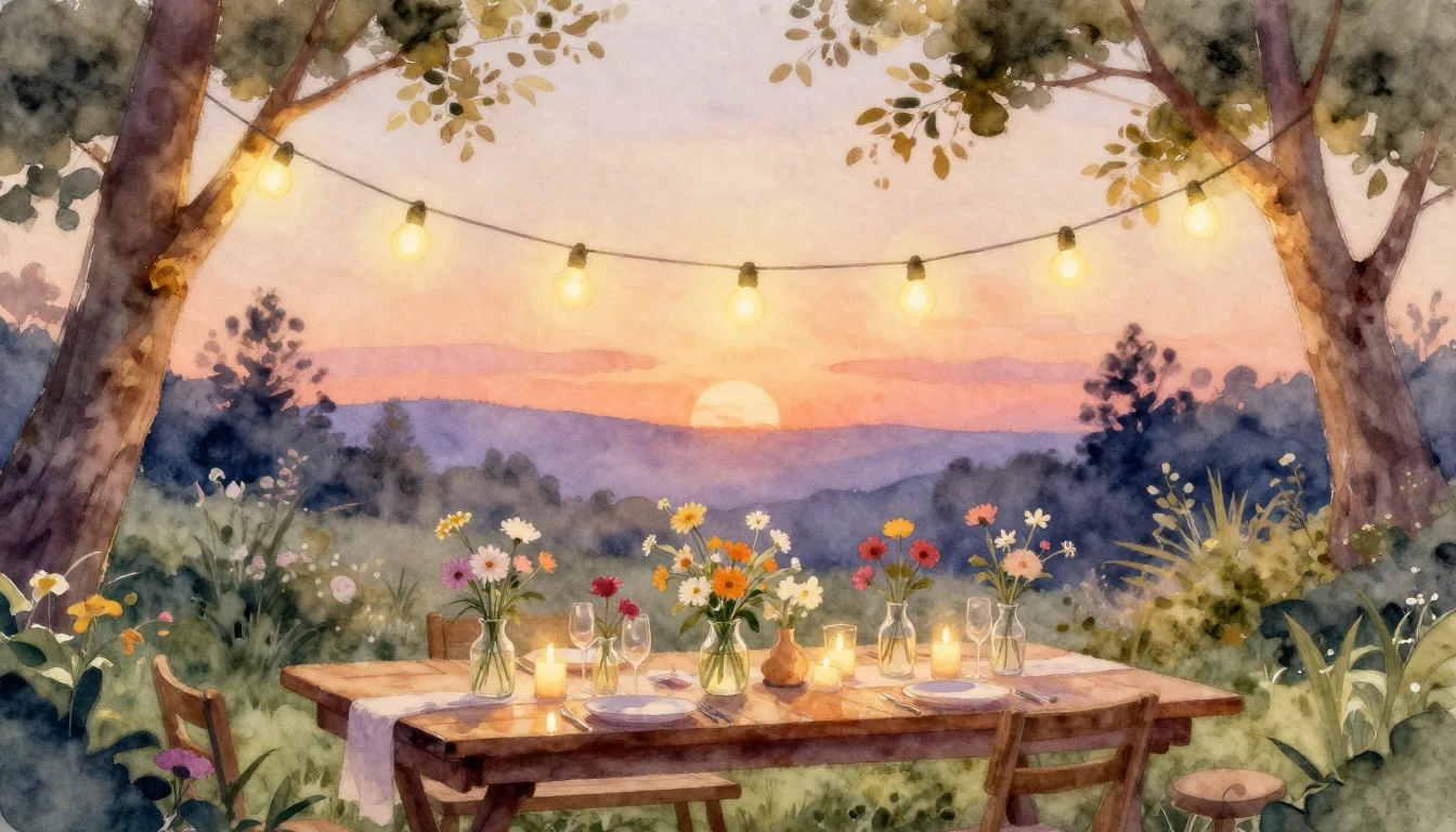 A soft watercolor painting of a cozy outdoor garden party at...