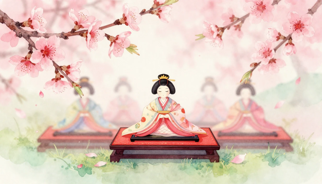 A delicate watercolor painting of a traditional Hinamatsuri ...