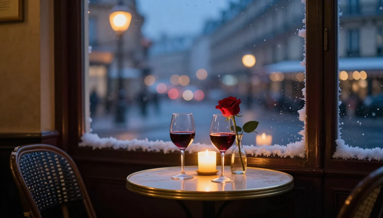 A romantic and intimate scene set in a cozy Parisian cafe at...