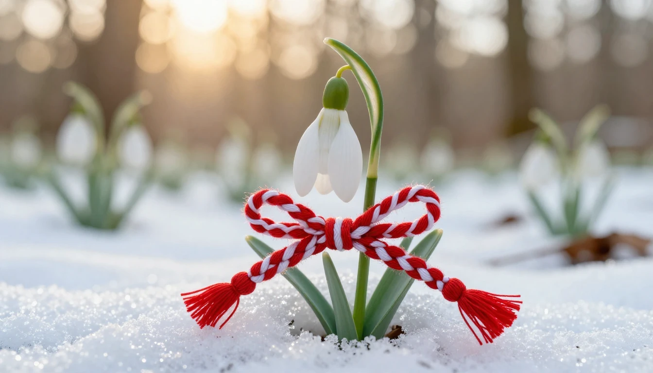 A delicate close-up of a snowdrop flower emerging from a lig...
