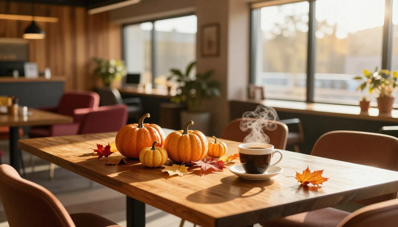 A cozy and inviting office lounge decorated for Thanksgiving...