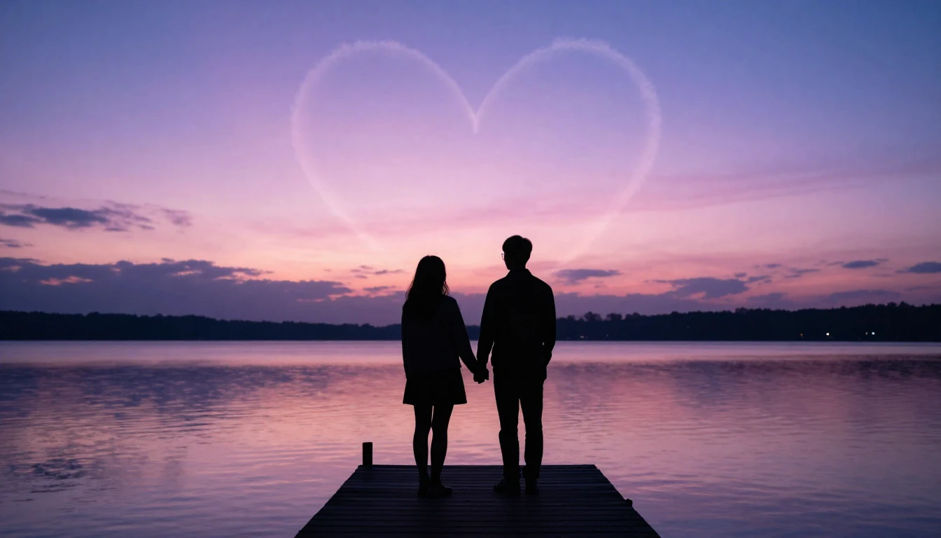 A romantic and ethereal scene depicting two silhouette figur...