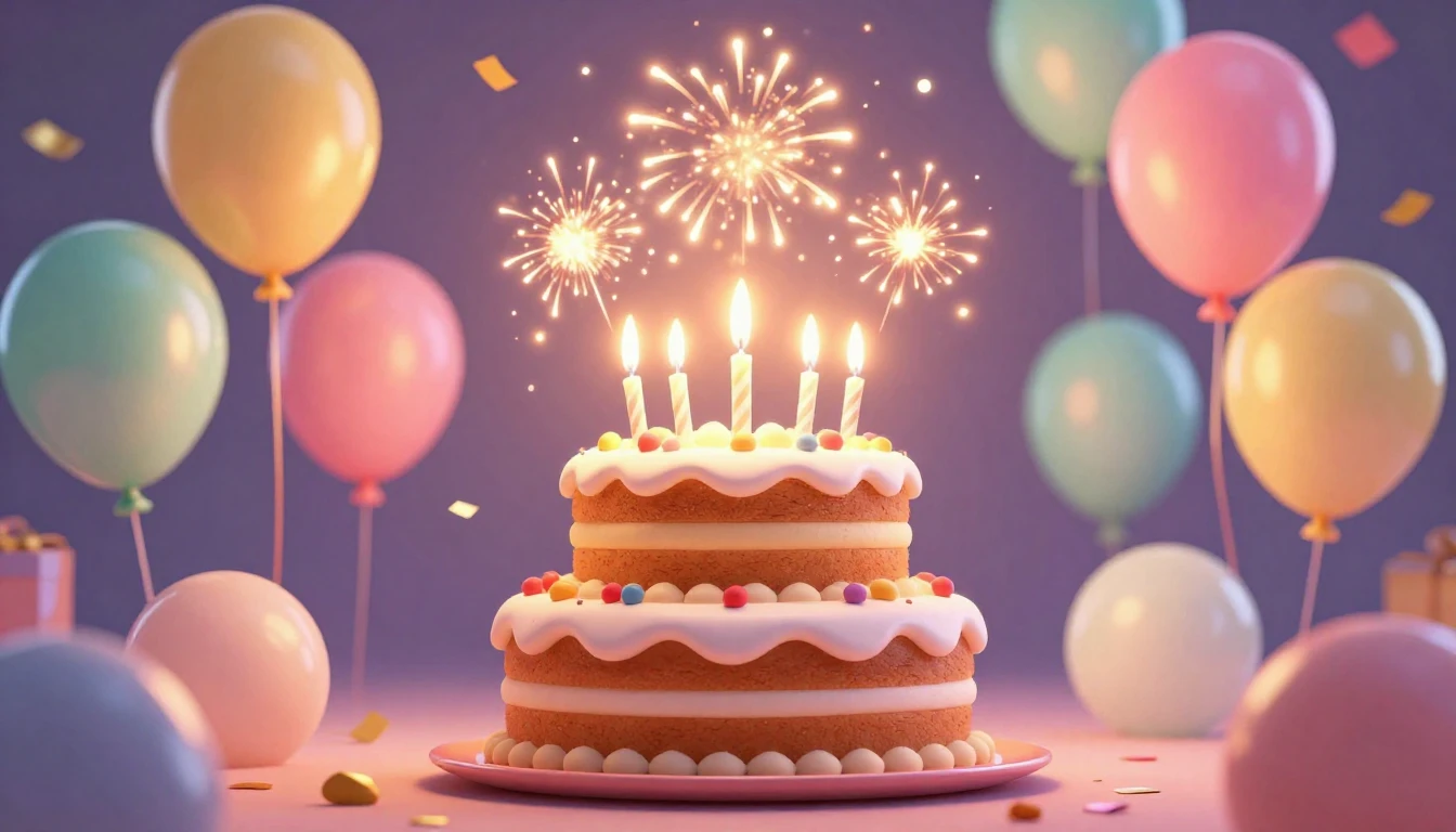 A vibrant and festive birthday celebration scene in a cute 3...