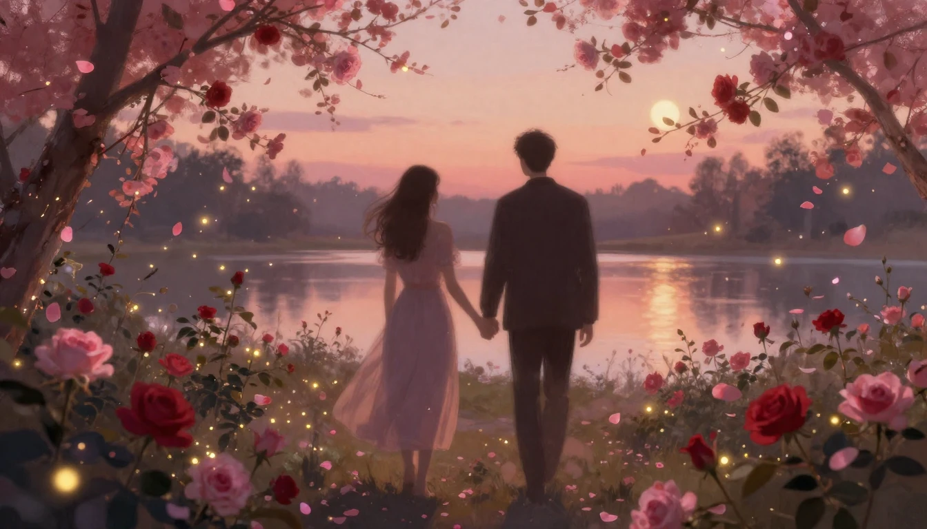 A dreamlike scene of two silhouettes walking through a bloom...