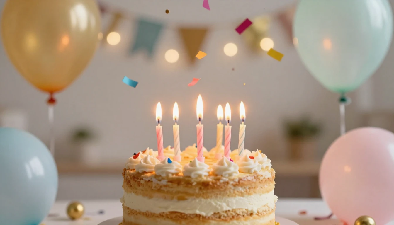 A festive birthday scene, bright and colorful, a delicious c...