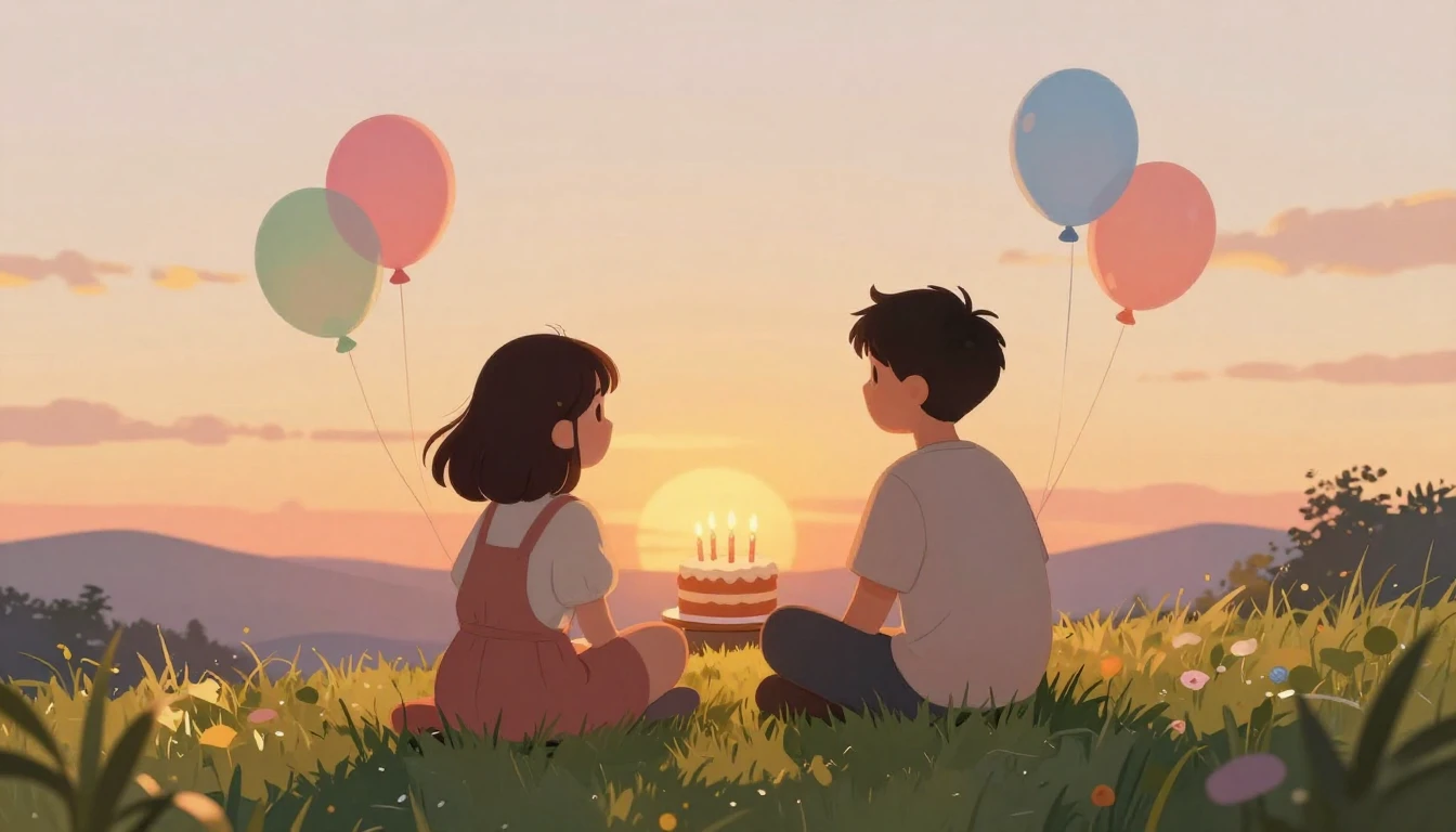 A heartwarming illustration of two friends sitting on a gras...