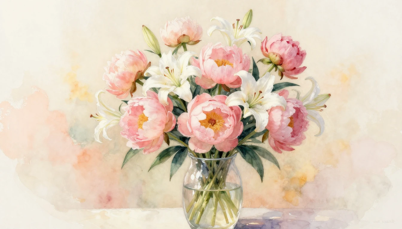 A soft watercolor painting depicting a beautiful bouquet of ...