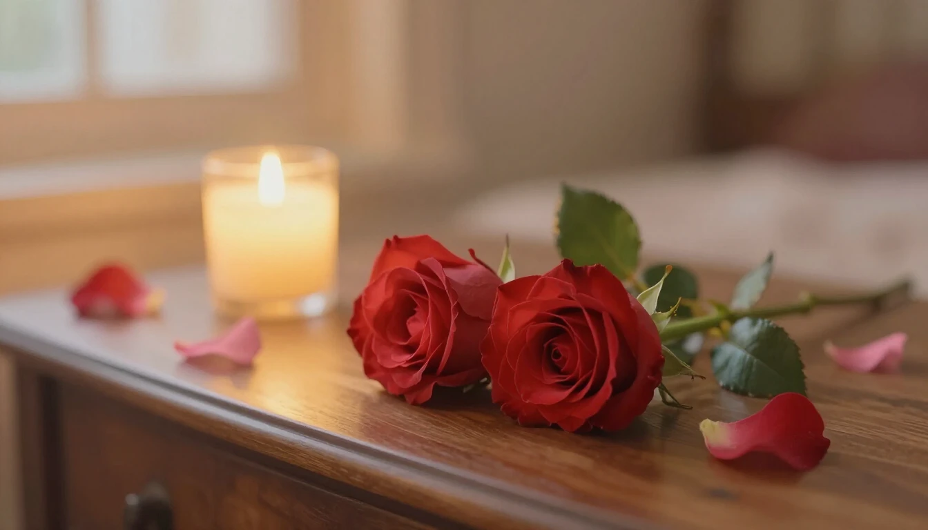 A delicate and ethereal scene featuring two intertwined red ...