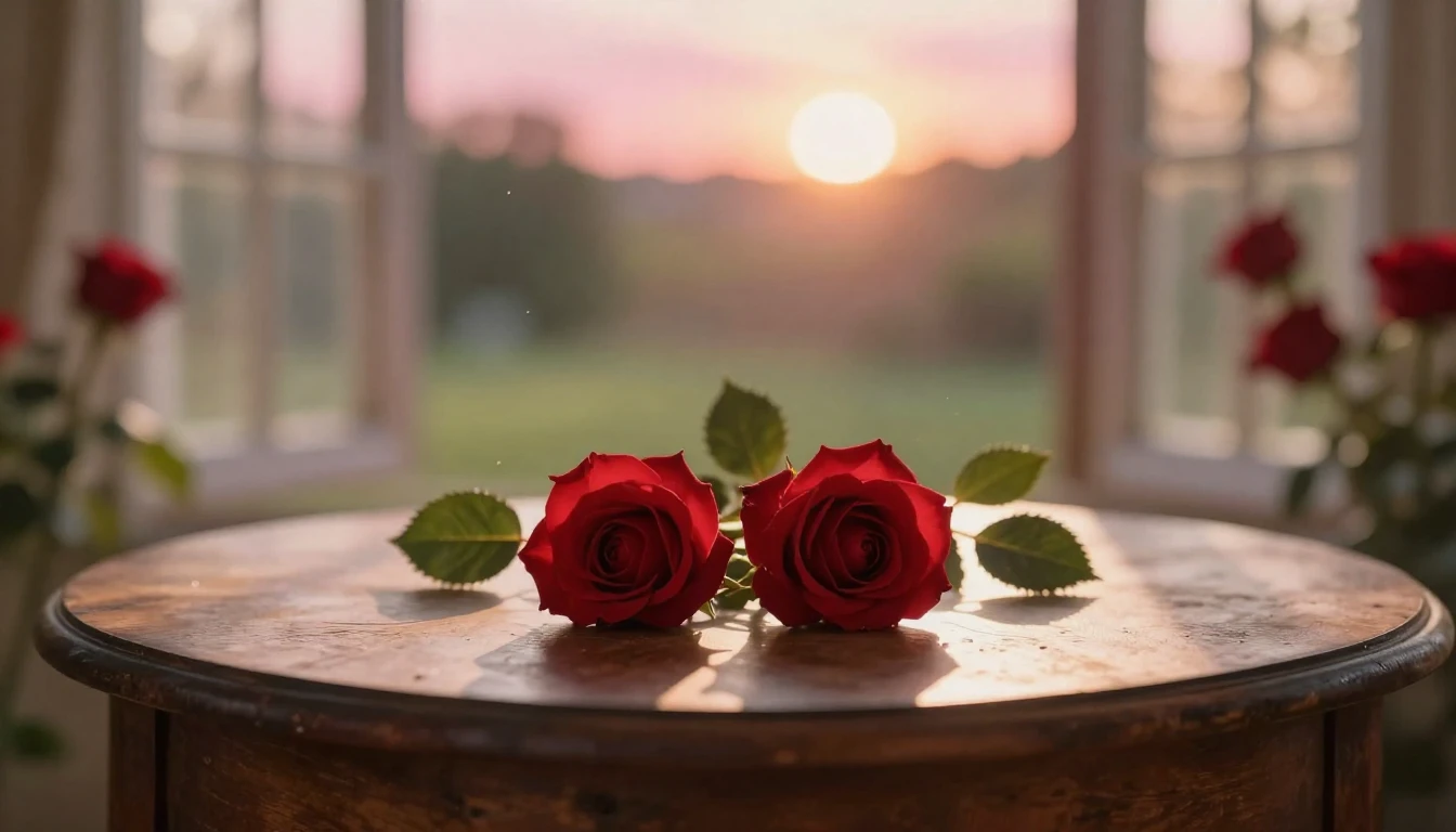 A dreamy and ethereal scene featuring two delicate red roses...