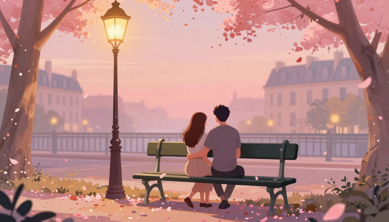 A romantic and dreamy illustration of a couple sitting on a ...