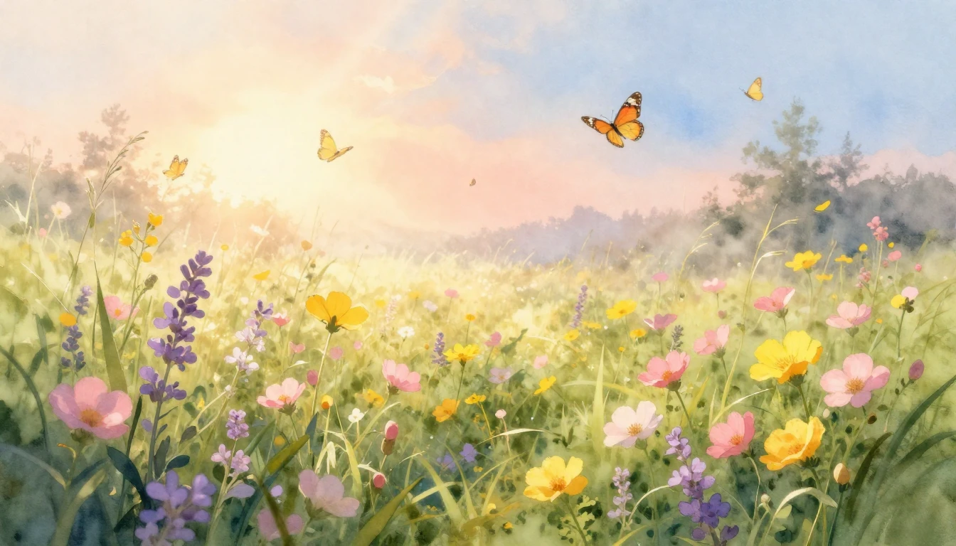 A breathtaking watercolor painting of a lush, sun-drenched m...