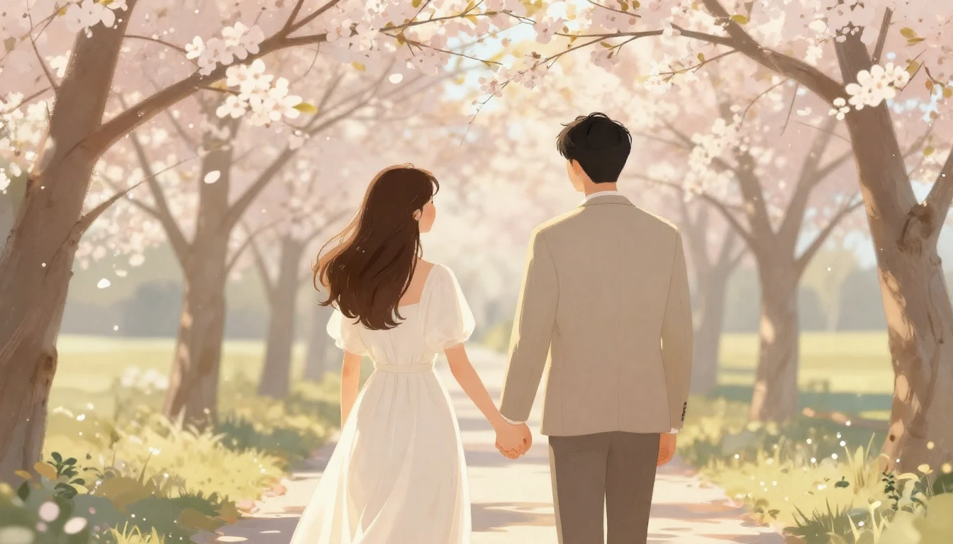A romantic and dreamy illustration of an elegant couple hold...