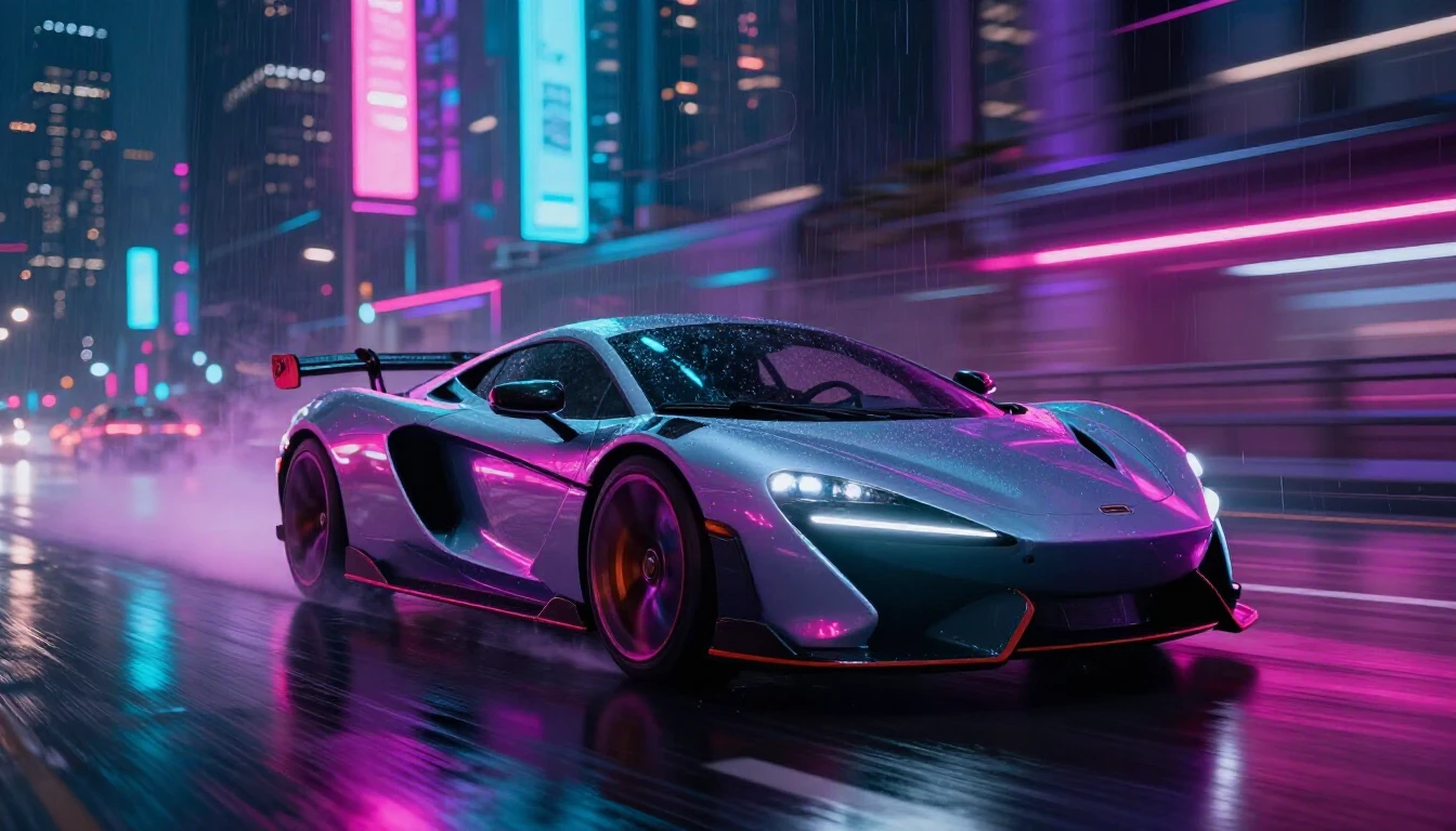 A cinematic shot of a futuristic sports car driving at high ...