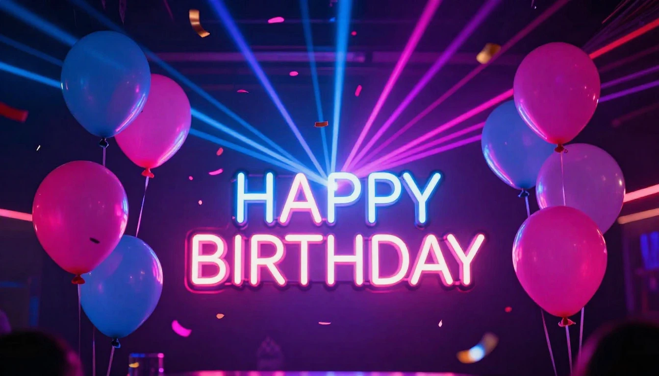 A vibrant and energetic party scene featuring glowing neon b...