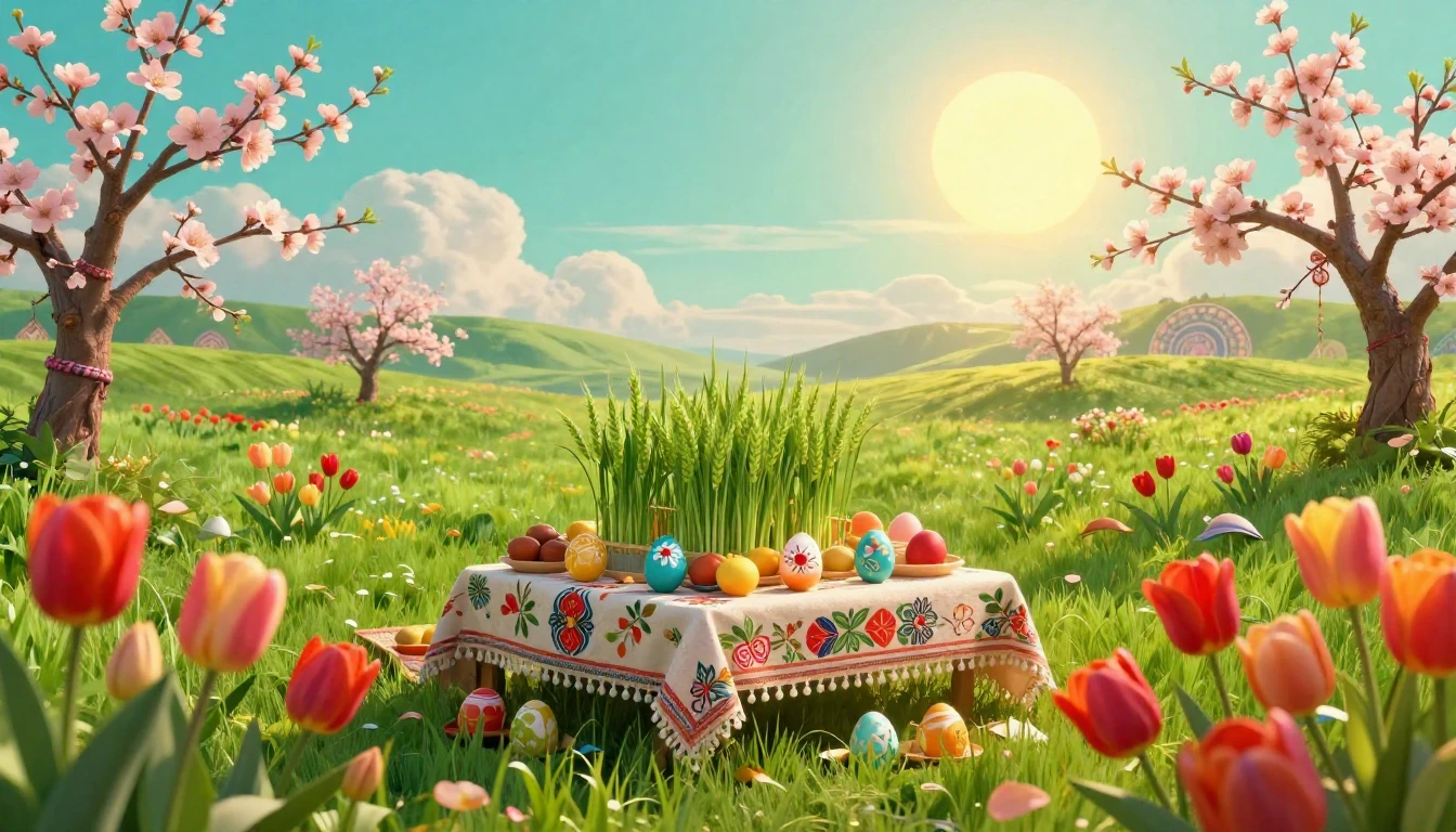 A lush landscape celebrating the arrival of spring. Vibrant ...