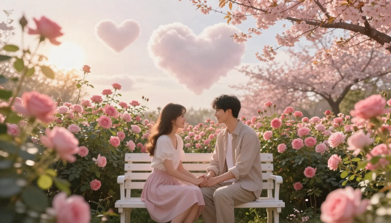 A romantic and dreamy scene of a couple holding hands sittin...