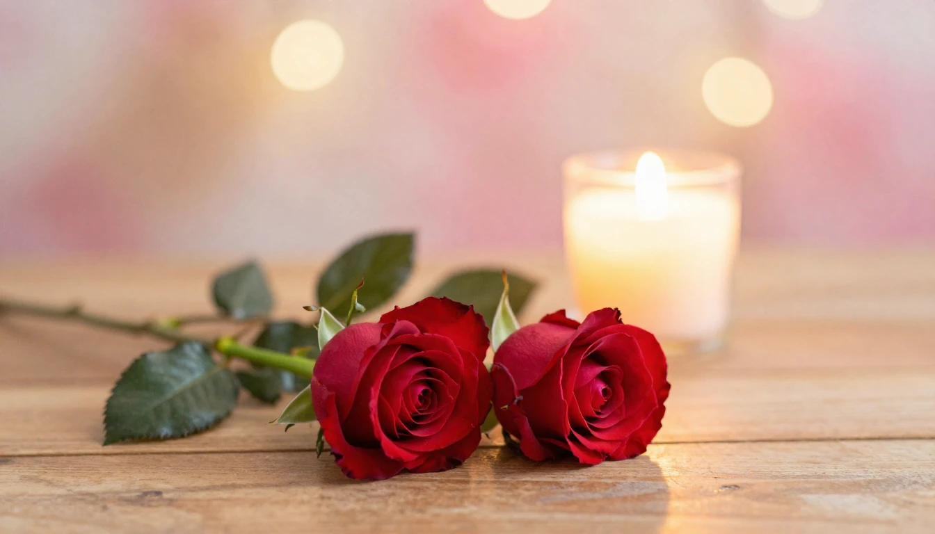 A dreamy and romantic scene featuring two delicate red roses...