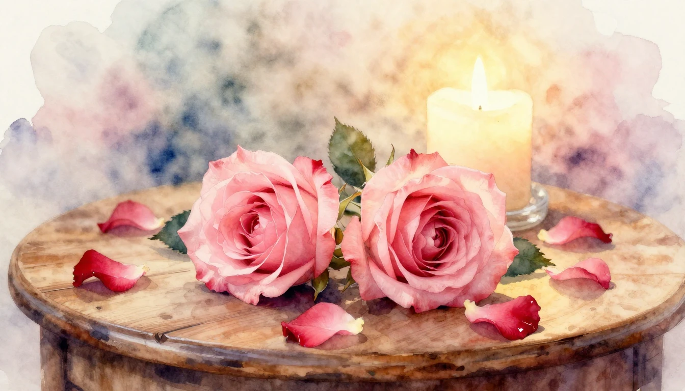 A delicate watercolor painting of two intertwined roses rest...