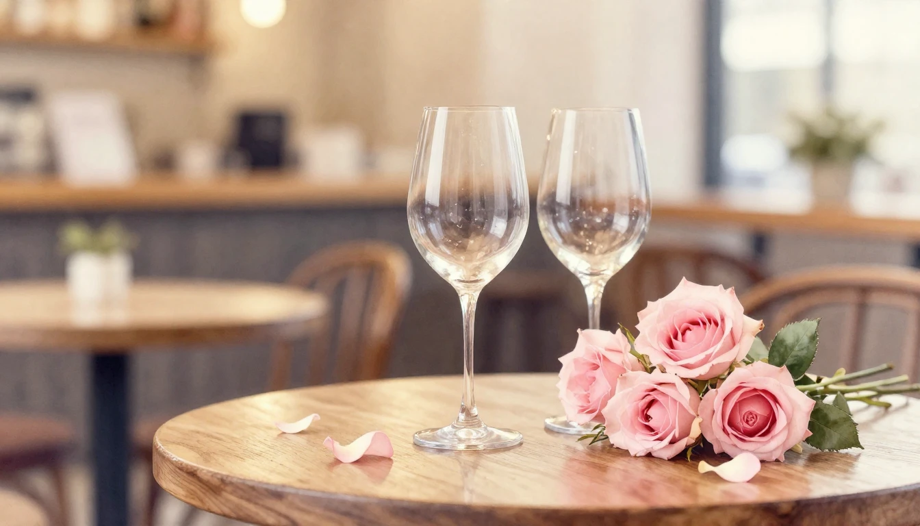 A dreamy watercolor painting of two elegant wine glasses sit...