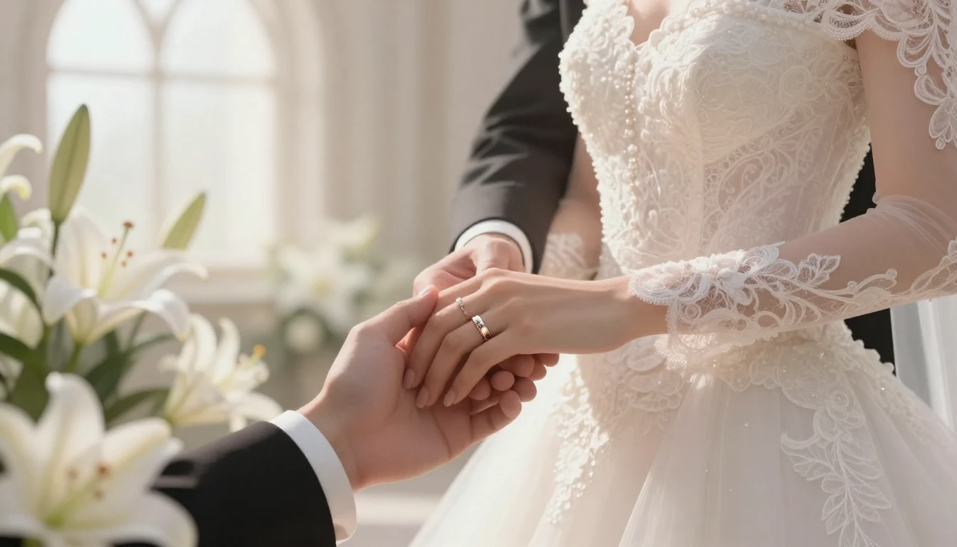 A romantic close-up illustration of a bride and groom holdin...