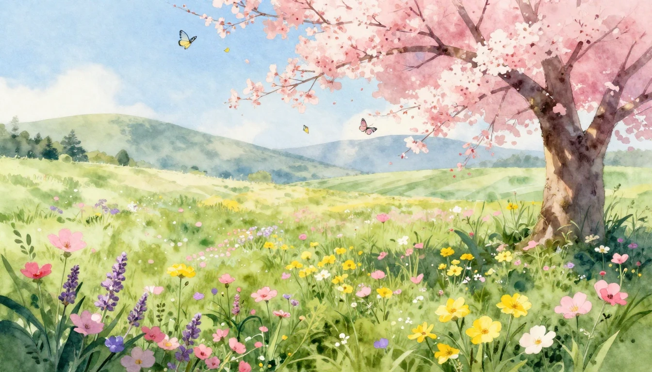 A beautiful watercolor painting of a lush meadow filled with...